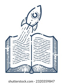 Open book with launching rocket vector linear icon, missile start up from text, space scientific literature library reading line art symbol or logo.