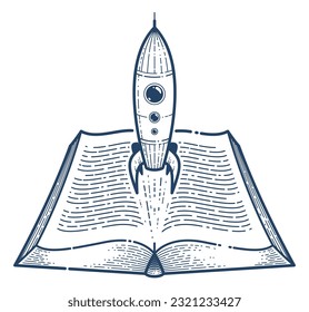 Open book with launching rocket vector linear icon, missile start up from text, space scientific literature library reading line art illustration, science fiction.