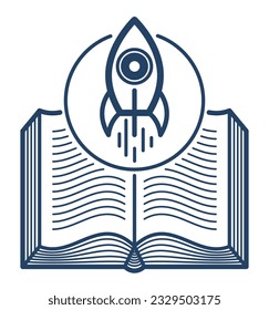 Open book with launching rocket vector linear icon, missile start up from text, space scientific literature library reading line art symbol or logo.