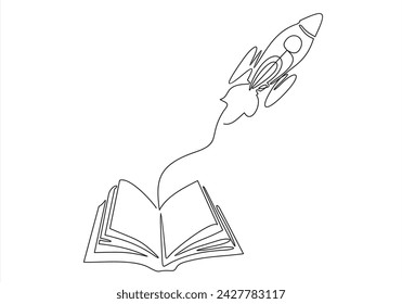 Open book with launching rocket vector linear icon, missile start up.continuous line drawing	
