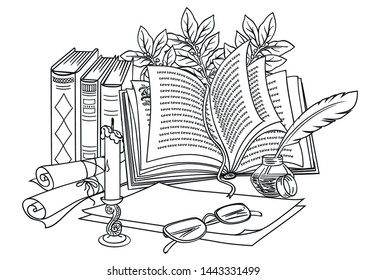 open book and Laurel branch and candle and books and sheet of paper and glasses and inkwell with pen