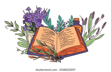 Open book with lavender flowers botanical theme includes herbs leaves and bottle colorful nature elements for design