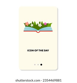 Open book with lawn on pages flat icon. Vertical sign or vector illustration of library or studying element. Hobby, leisure, education, literature, nature concept for web design and apps