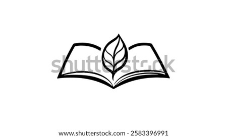 Open book leaf design. Leaf rests on pages. Perfect for nature or education branding. Black line art, minimal style, white background, top view