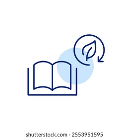Open book and leaf in recycling arrow. Environment conservation and ecology reading and studies. Pixel perfect, editable stroke icon