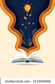 Open book with learning,education and explore concept background template paper art style.Vector illustration.