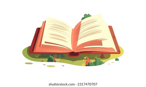 Open book with leaves,  flat cartoon isolated on white background. Vector illustration 