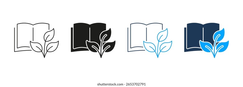 Open Book With Leaves Line And Solid Icon Set. Knowledge Growth, Education, And Environmental Learning Symbol Collection. Eco-Friendly Education Concept. Isolated Vector Illustration.