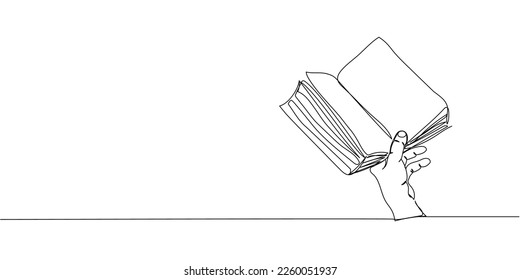 Libro abierto en la mano izquierda de una línea de arte. Dibujo continuo de línea de libro, biblioteca, educación, escuela, estudio, literatura, papel, libro de texto, conocimiento, lectura, aprendizaje, página, lectura.