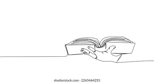 Open book in left hand one line art. Continuous line drawing of book, library, education, school, study, literature, paper, textbook, knowledge, read, learn, page, reading.