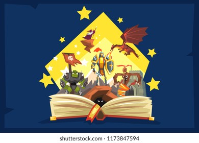 Open book with legend, fairy tail fantasy book with knights, dragon, wizard, imagination concept