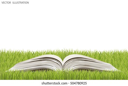 Open book legit on the grass. Summer spring background with open book. Back to school. Vector illustration