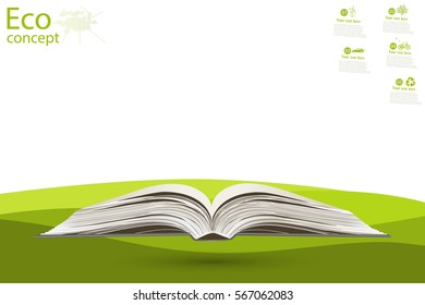 Open book legit on the grass. Summer spring background with open book. Back to school. Vector illustration