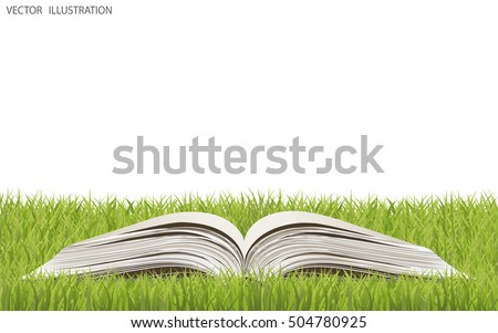 Open book legit on the grass. Summer spring background with open book. Back to school. Vector illustration
