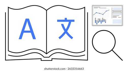 Open book with letter A and translated character, magnifying glass, and data chart showcasing trends. Ideal for education, translation, research, data analysis, linguistics, technology, and global