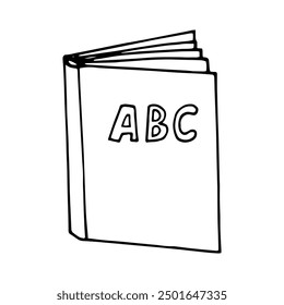 open book and letters ABC hand drawn in doodle style. ABC, school textbook illustration in simple Scandinavian style.