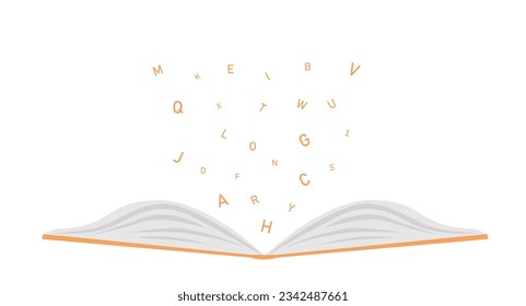 Abrir libro con letras. Al estilo de las caricaturas. Concepto de educación, aprendizaje.Ilustración vectorial.