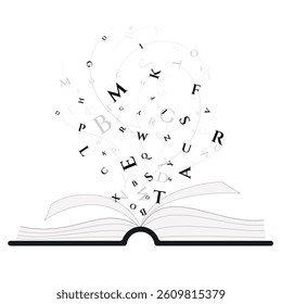 open book with  letters flying out of the pages