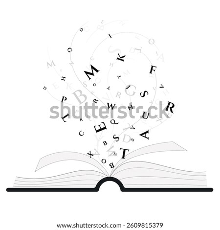open book with  letters flying out of the pages