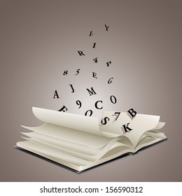 open book with letters flying over brown background
