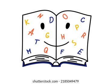 Open book with letters. Smyling book. Children English lenguage lesson concept.