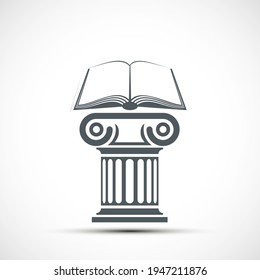Open book lies on an antique column. Icon isolated on white background. Vector logo.