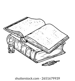 Open book lies on closed one, on page there is a raven's feather and guttered candle with wick, a black-and-white isketch. Vector illustration. Stack of textbooks in library, isolated on background.