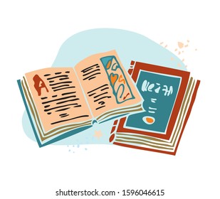 Open book lies on a book with fairy tales hand drawn in a flat style on a white background. The concept banner about hobby, love of reading, spending long evenings. Book exchange. Vector illustration.