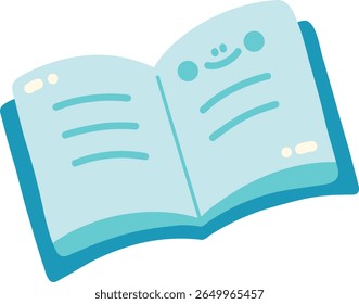 Open book with light blue cover and simple illustrations, symbolizing knowledge and learning. pages are blank, inviting creativity and imagination
