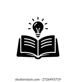 Libro abierto con el símbolo blanco y negro del icono del Vector de la bombilla de luz del concepto del aprendizaje del conocimiento y de la educación creativa