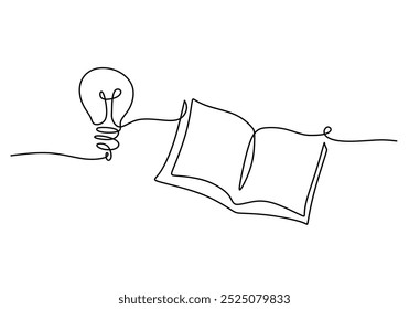 Livro aberto e lâmpada contínua um desenho de linha. Educação e conceito de aprendizagem criativa. Plano de fundo minimalista de ilustração vetorial.