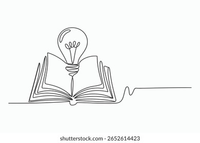 Livro aberto com uma lâmpada emergindo de suas páginas simbolizando conhecimento e ideias