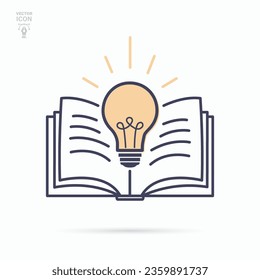 Open book with light bulb. Futuristic knowledge, inspiration, creative thinking concept. Isolated vector illustration.