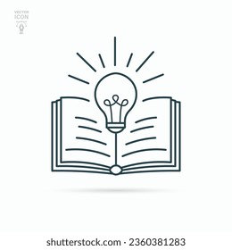 Open book with light bulb. Futuristic knowledge, inspiration, creative thinking concept. Isolated vector illustration.