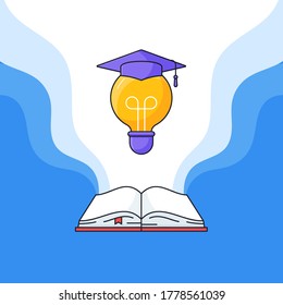 Open book and light bulb with graduated toga hat on top vector illustration for success education learning outline cartoon flat design