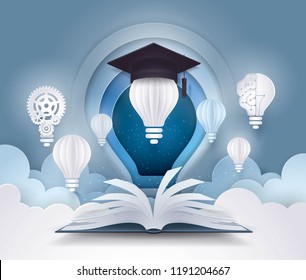 Open book with Light bulb and graduation cap, diploma, success, study, Evolution, College, Learning, University Education concepts, Light bulb and Sky Cloud Background,Creative ideas,Paper art vector
