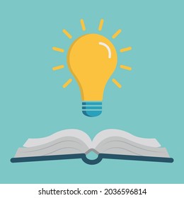 Open book with light bulb icon. Book with bright lamp in flat style. Idea, knowledge, study concept. Vector illustration.