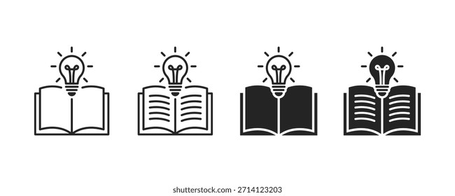 Abrir livro com conjunto de ícones de lâmpada. Ícones de conhecimento, aprendizagem e ideias criativas definidos. Símbolo de educação e inovação