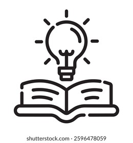 Open book with light bulb, knowledge and learning concept, education and innovation, creative thinking, vector illustration isolated on white background.