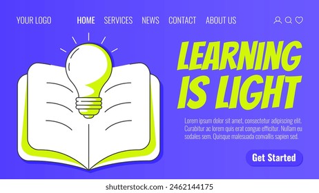 Open book with light bulb. Learning is light, back to school, education concept. Vector modern template for web, banner, poster, landing page, website.