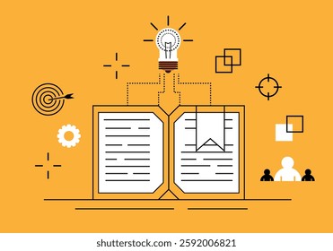 Open Book with Light Bulb Learning Business Ideas. Education and obtaining knowledge concept vector art