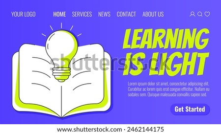Open book with light bulb. Learning is light, back to school, education concept. Vector modern template for web, banner, poster, landing page, website.