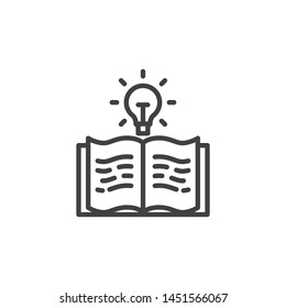 Open book with light bulb line icon. linear style sign for mobile concept and web design. Book with idea lamp outline vector icon. Knowledge symbol, logo illustration. Vector graphics