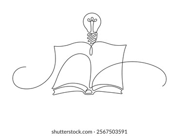 Open book with light bulb. Reading inspiration. New idea concept. Continuous line drawing. Doodle border frame. 