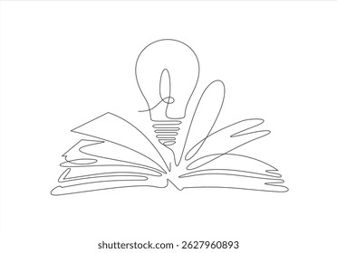 Open book with light bulb. Reading inspiration. New idea concept. Continuous line drawing. Doodle border frame.Editable stroke.
 