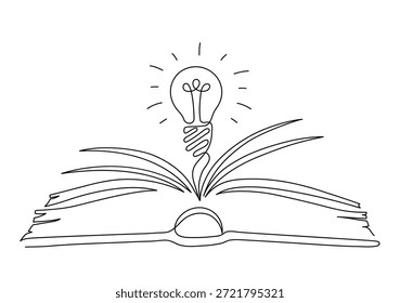 Livro aberto com lâmpada. Lendo inspiração. Conceito de nova ideia. Desenho de linha contínuo. 