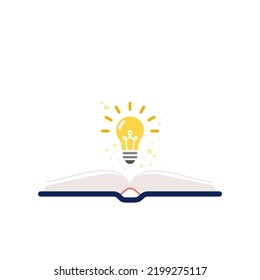 Open book with light bulb. Square banner. Concept of imagination, creativity, research, solution. Vector illustration, flat design