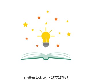 Open Book and Light Bulb with Stars as Knowledge and Enlightenment Concept