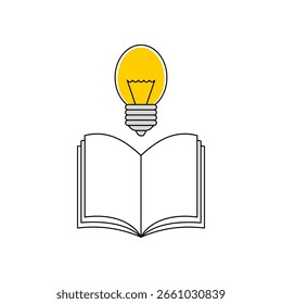 Open Book with Light Bulb Symbolizing Knowledge and Creativity. Conceptual flat design ideal for education, idea generation, academic resources, and innovation themes.
