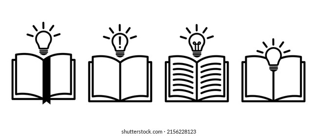 Open book and light bulb vector icons set on white background. Symbol new idea. Learning concept. 